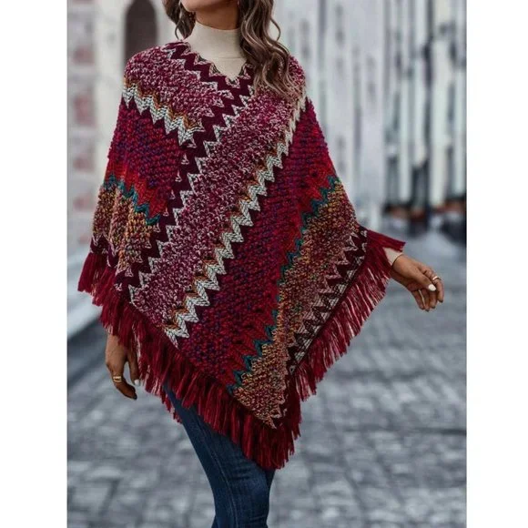 Chevron Fringe Hem Poncho Sweater multi color - Picture 6 of 7